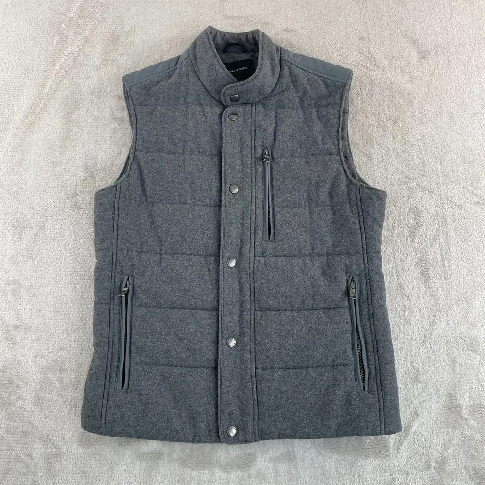Banana Republic Puffer Vest Men‎ Small Charcoal Grey Wool Blend Zip Snap Button